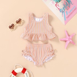 HAPPYMA Baby Swimsuit Toddler Girl Bathing Suit Summer Stripe Bikini Set Beach Two Piece Swim Wear (Orange, 4-5T)