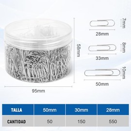 750 Clips de Papelería, Clips para Papel de 3 Tamaños(28/33/50mm) con Caja | Paper Clips Acero Inoxidable, Plateados, Accesorios de Papeleria para Ofi