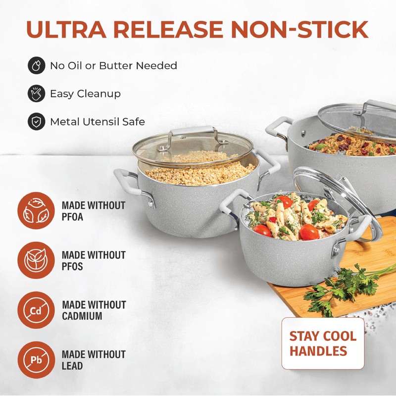 Granitestone Gray Pots and Pans Set Nonstick, 6 Stackable Piece