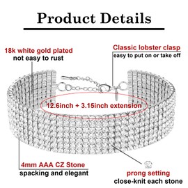 Zealmer 7 Row Rhinestone Choker Necklace Silver Sparkling Diamond Chokers Crystal Rhinestone Glitter Necklaces Gold Plated Jewelry Gifts for Women Bridal Wedding Bridesmaid