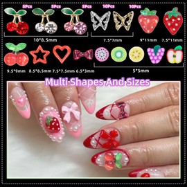 CESUSME 3D Fruit Cherry Nail Charms, Gold&Silver Butterfly Cherry Alloy Nail Gems Charms+Bow Strawberry Heart Star Acrylic Nails Art Charms+Color Fruit Slices Nail Charms for Nails Design