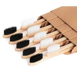 NUDUKO - Cepillos de dientes de bambú biodegradables, 10 piezas, sin BPA, cerdas suaves, naturales, ecológicos, verdes y compostables