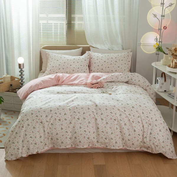 Cotton Floral Duvet Cover Sets Twin Girls Pink White Floral Bedding Sets Chic Flower Branches Pattern Comforter Cover Garden Style Cotton Floral Duvet Quilt Cover with Zipper Closure 4 Corner Ties