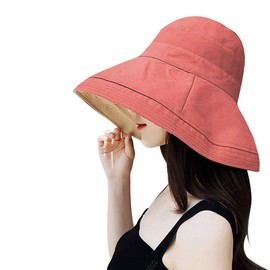 KXF Women Sun Hat Reversible Wide Brim Summer Beach Hat Foldable Gardening Hat Sun Cap Chin Strap Red