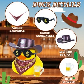 Car Rubber Duck with Purple Cow-boy Hat Sunglasses Accessories for Jeep Ducking Car Dashboard Decoration Party Favors,Cool Duck with Beer Glasses,Paisley Bandanas,Necklace