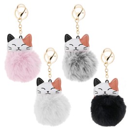 eMagTech 4PCS Cat Pom Pom Keychain Fluffy Faux Fur Ball Keyring Cat Pendant Key Fob Key Decoration Car Ornament Women Handbag Accessories Black White Grey Pink