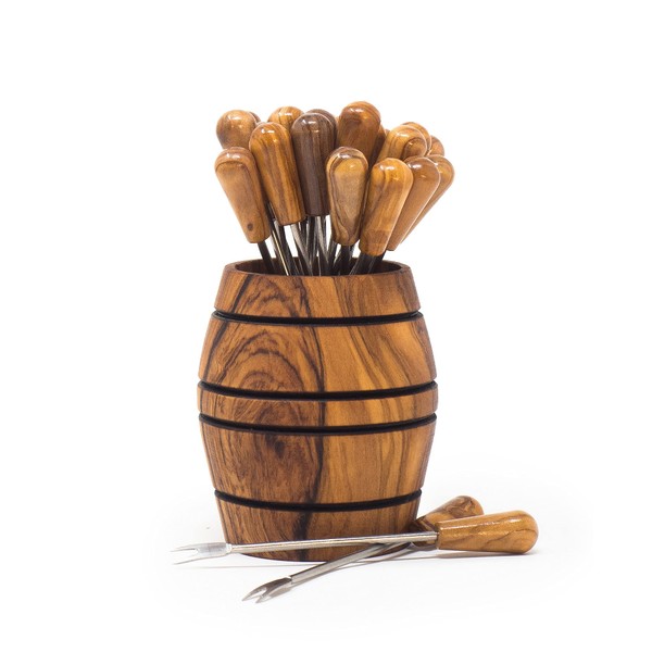 Barril de madera olivo con 24 pinchos para comer caracoles o aperitivos fabricado artesanalmente