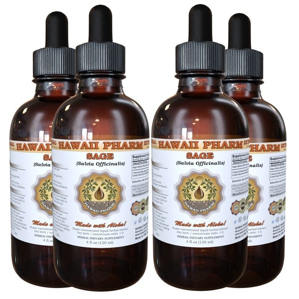 HawaiiPharm Sage (Salvia officinalis) Liquid Extract, Tincture, Herbal Supplement, Made in USA, 4x4 fl.oz