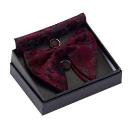 GUSLESON Paisley Burgundy bow tie Adjustable Pre-tied Big Bowtie and Pocket Square Cufflink Set (0613-01)