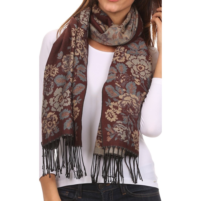 Sakkas CHS1810 Ontario Doppelschicht Blumen Pashmina/Schal/Wrap/Stola mit Fransen - 2-braun