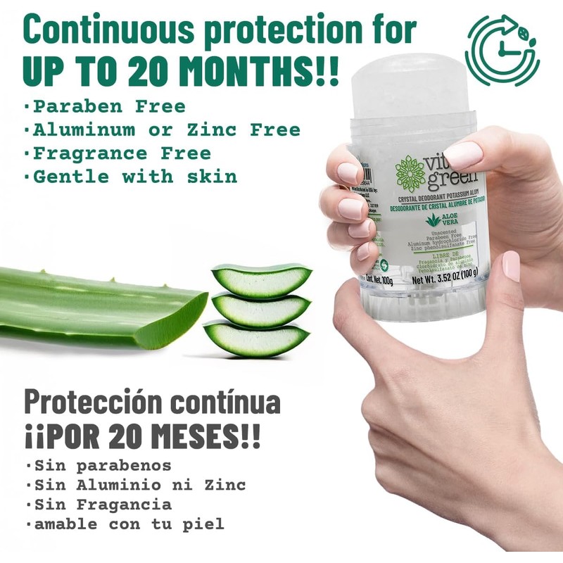 Vital Green Desodorante de Alumbre de Potasio, Aloe Vera, 100g,