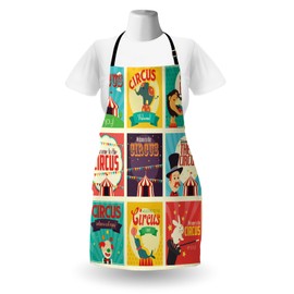 Ambesonne Circus Apron, Composition of Old Circus Carnival Magicians Old Fashioned Nostalgic, Unisex Kitchen Bib with Adjustable Neck for Cooking Gardening, Adult Size, Green Yellow