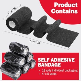 AZEN 18 Pack Self Adhesive Bandage Wrap, 4" X 5 Yards Elastic Cohesive Bandage Wrap, Black Athletic Tape, Tattoo Grip Tape Wrap, Vet Wrap, Ankle Tape