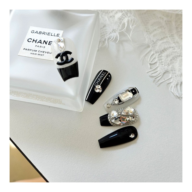 C Black Handmade Nail Tips - Long Square / C블랙