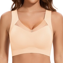 Cavotor Wireless Bras for Women Comfort Support Non Wired Sport Bra for Large Busts Seamless Padded Soft Mesh Bralettes (Beige,3XL)