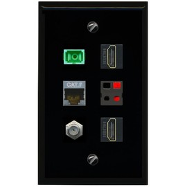 RiteAV CAT7 Coax 2 HDMI SC APC Simplex Fiber Speaker Flat/Solid Wall Plate [Black]