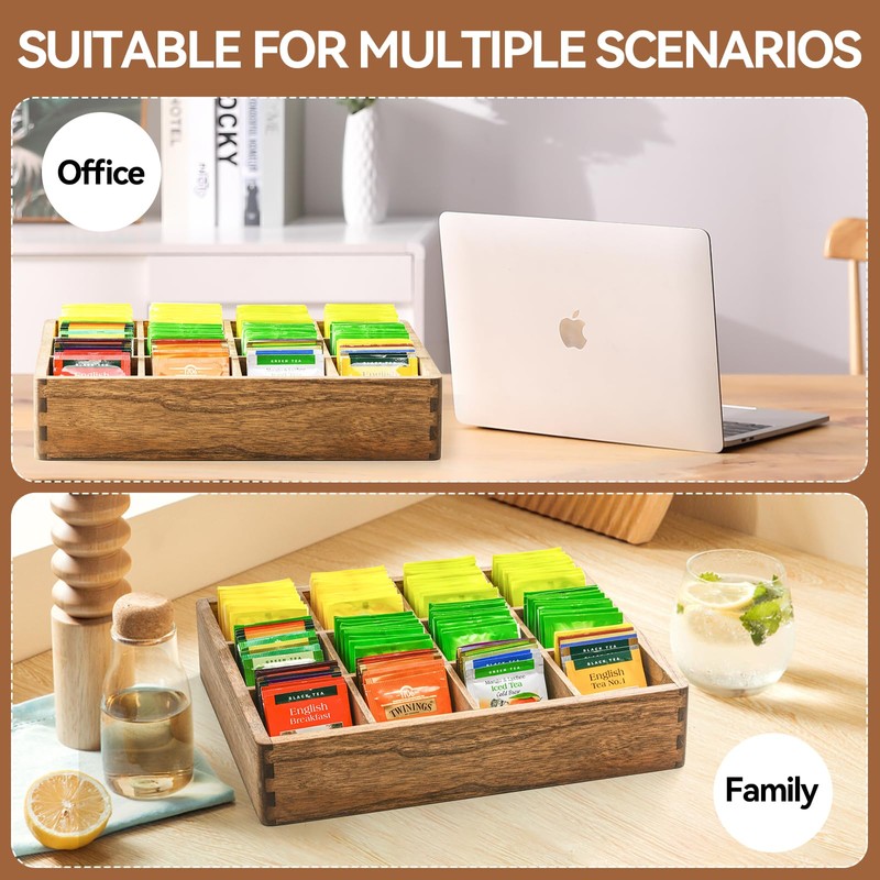 KIRIGEN Wood Tea Organizer 12 Compartments Tea Bag Holder Wooden
