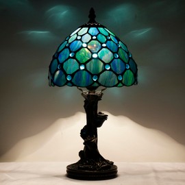 Small Tiffany Lamp Stained Glass Table Lamp Sea Blue Pearl Style Bedside Desk Light Mini Accent Desk Memory Lamp 8X15 Inch