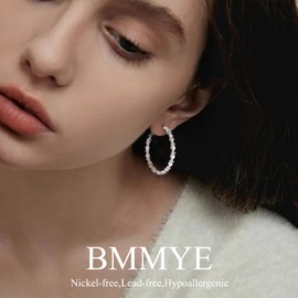 BMMYE Sterling Silver Hoop Earrings,Cubic Zirconia Silver Hoop Earrings for Women Hypoallergenic Heart Earring 30MM