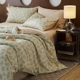 mixinni Garden Style 3 Pieces White Flower Green Leaf Print Duvet Cover Queen Natural Lyocell Champagne Bedding Set with Zipper Ties Botanical Floral Comforter Cover, Soft Comfy, Ultra-Breathable