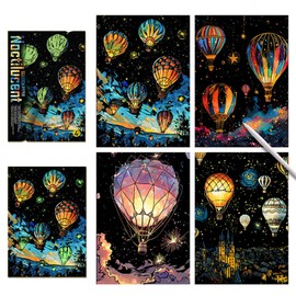 Set of 4 Scratch Art, Luminous Scratch, Art, Adults, Art Panels, Hot Air Balloons, Fireworks, Scratch Paper, Easy to Sharp, Scratch Art Pen, Includes Night View Effect, DIY Room Decoration, Present,