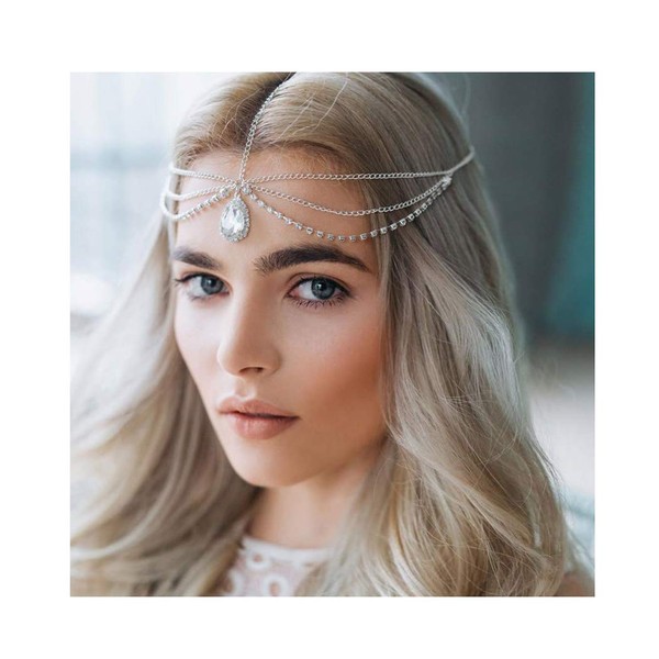 Campsis Festival Crystal Pendant Head Chain Gyspy Headpiece Layered Hair Accessories Jewelry for Women and Girls (Silver)