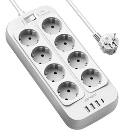 JSVER Steckdosenleiste 8 Fach mit 4 USB Ladeanschlüsse, Mehrfachsteckdose mit USB C, Wandmontage(3680W) Überspannungsschutz mit 2M Kabel Steckerleiste für Smartphones, Laptop-Weiß