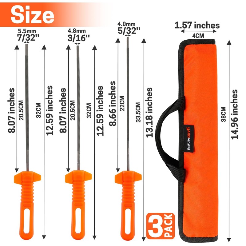 YARDMARIS 3 Pcs Chainsaw File Kit Includes 5/32", 3/16", 7/32"