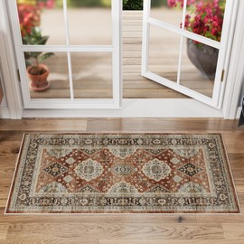 Dripex Washable Mat for Entryway 60x110cm, Red Vintage Rug for Front Back Door, Short Pile, Machine Washable Kitchen Non Slip Bath Rug for Bathroom