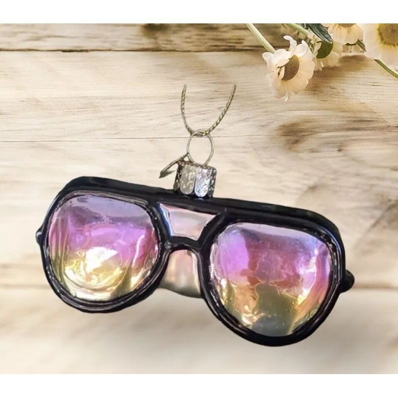 Rainbow Sunglasses Glass Ornament - Black Rainbow Retro Cool Fashion