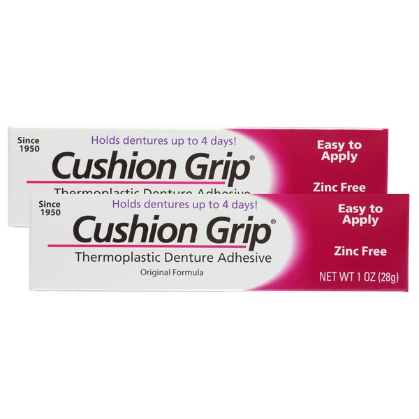 Cushion Grip Thermoplastic Denture Adhesive, 1 oz (Pack of 2) - Refit and Tighten Loose and Uncomfortable Denture [Not A Glue Adhesive, Acts Like A Soft Reline for Denture]