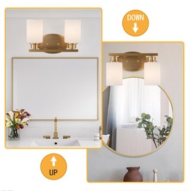 Modern Rustproof Bathroom Light - Over Mirror, 2 Light Brushed Gold Vanity Light Wall Mount, Etched Opal Glass