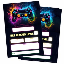 Grehos Set Of 20 Video Game Birthday Invitation Cards - Neon Gamer Level Invites With Envelopes - Double Side Fill In Style Party Celebration Favor & Supplies - Glow Arcade Game Party - B01