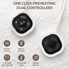 HOMLYNS LuxeHeat Electric Heated Mattress Pad Queen Size Zoned Dual Control with Preheat Function 10 Heat Levels 1-10H Memory Timer, Illuminated Button