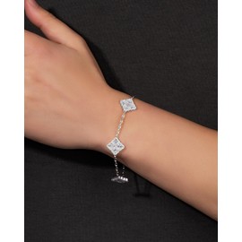Iced Out 5A Cubic Zirconia Five-Flower Lucky Bracelet, Adjustable Chain Bracelet Dainty Four Leaf Clover Bracelets For Women Trendy, White Gold Plated Stack Bracelets (Silver-Four-Leaf Clover, 7 Inch)