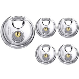 5-Pack Discus Padlocks 2-3/4 inch Wide, Stainless Steel 304 Round Lock, Waterproof and Rustproof Storage Lock with Brass Keys, Ideal for Storage Unit Gate, Outdoor, Shed, Fence