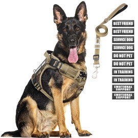MOOGROU Tactical Dog Harness and Leash Set for Large Dogs,Heavy Duty No Pull Service Dog Vest and 10 Patches with Dog Seat Belt,Reflective Adjustable Pet Harness for Training Walking Hiking Camo XL