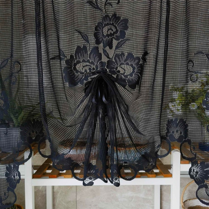 NewWPKIRA 1 Panel Black Floral Embroidery Sheer Lace Curtain Valance