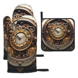 YYHWHJDE Kitchen Baking Set of 3 - Oven Mitts and Pot Holders for Anti-Scalding Heat Insulation Steampunk Clock Picture