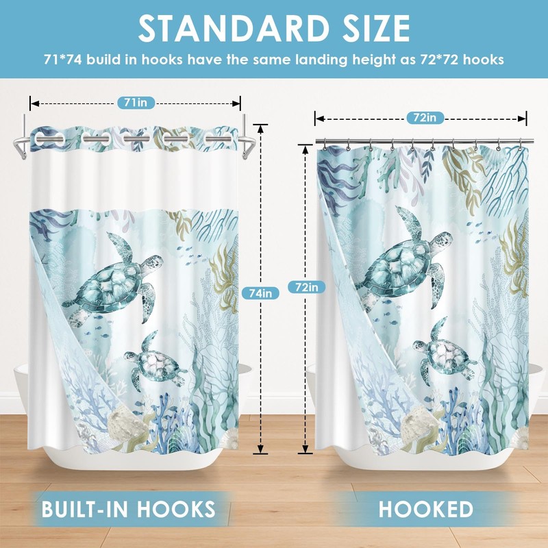Nesphy No Hook Nautical Blue Sea Turtles Shower Curtain with