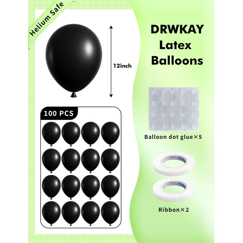 DRWKAY Black Balloons 100 Pack,12 Inch Matte Black Latex Helium-Ready