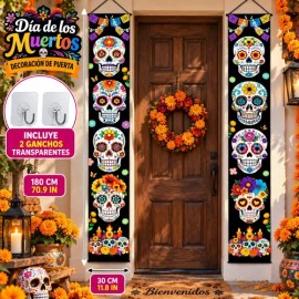 Banner De Halloween Para Puerta Cartel Decoración Día De Muertos, Pancarta Vertical 180x30 cm Diseño Calavera, Incluye 2 Ganchos, Decoración Mexicana