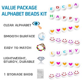 EuTengHao 1000 Pieces Letter Beads Kit 28 Styles Alphabet Beads Smiley Face Beads Heart Beads for Bracelets Necklace Friendship Bracelet Making Kit (White Beads Colorful Letter)