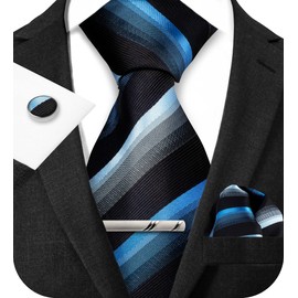 TIE G - Juego de corbatas a cuadros para hombre en caja de regalo negra: corbata y bolsillo cuadrado, gemelos, clip de corbata formal de negocios para bodas, A2-black Blue Stripe, Modern