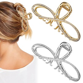 2 PACK Medium Rhinestones Hair Claw Clip for Women, Gold and Sliver Metal Elegant Hair Clip For Thick Hair Accessories for Girls