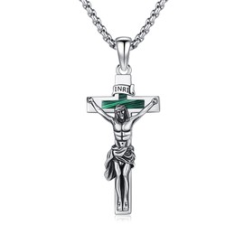 ZIPPICE Crucifix Necklace Men 925 Sterling Silver Catholic Cross Pendant Crucifix Cross Pendant with 22”+2” Stainless Steel Chain Amulet Necklace Jewellery Gifts for Men Women (Malachite)
