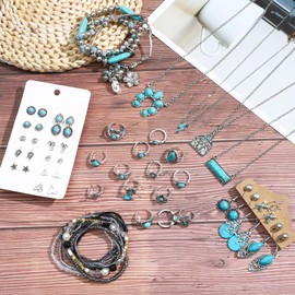 NEWITIN Silver Bohemian Jewelry Set for Women Fashion Costume Jewelry Turquoise Necklace Bracelet Earrings Western Turquoise Jewelry Set for Women, Metal, No Gemstone