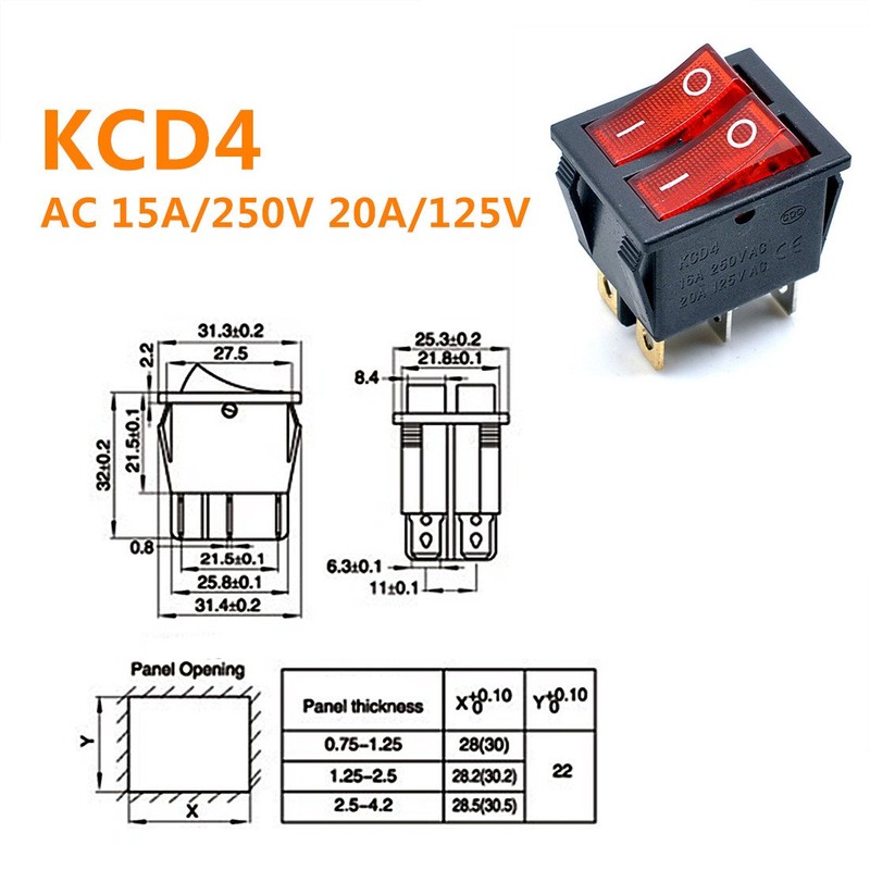 Oiyagai 5pcs KCD4 AC 250V 16A Red Light 6P Terminals