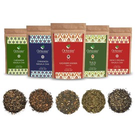 Octavius Assorted 5 Loose Leaf Tea Samplers | Indian Masala, Cardamom, Cinnamon, Kashmiri Kahwa, Tulsi Green Tea | Perfect For tea & Green Lovers | 25 cups (5 packs of 10gm each) | Mothers Day Gift
