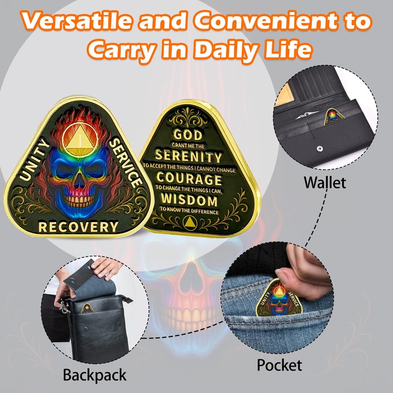 Leafence Fire Skull Triangle Sobriety Coin Unity Service Recovery AA